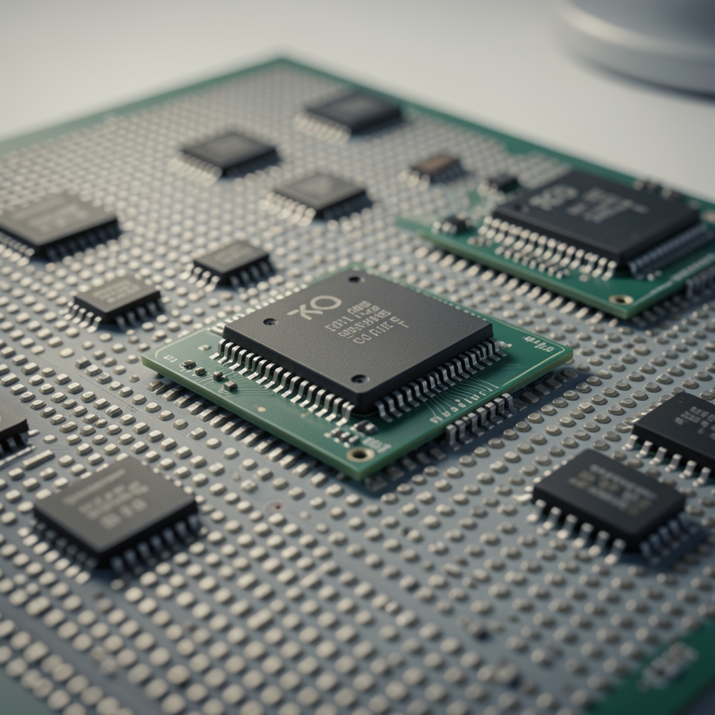 Macro view of modern computing chips on an anti-static mat under laboratory lighting
