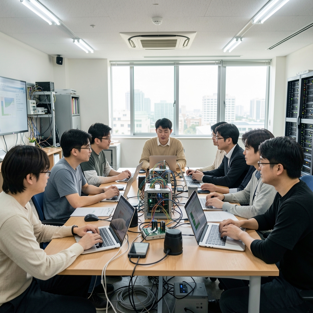 Small technical community workshop discussing distributed systems around a table in Seoul