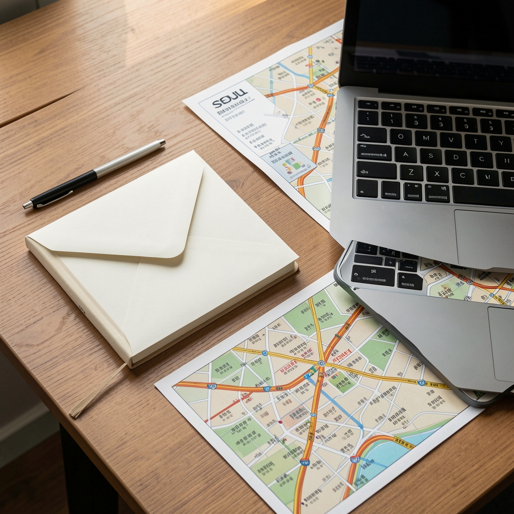 Editorial correspondence desk with envelope, notebook, and laptop beside a Seoul street map