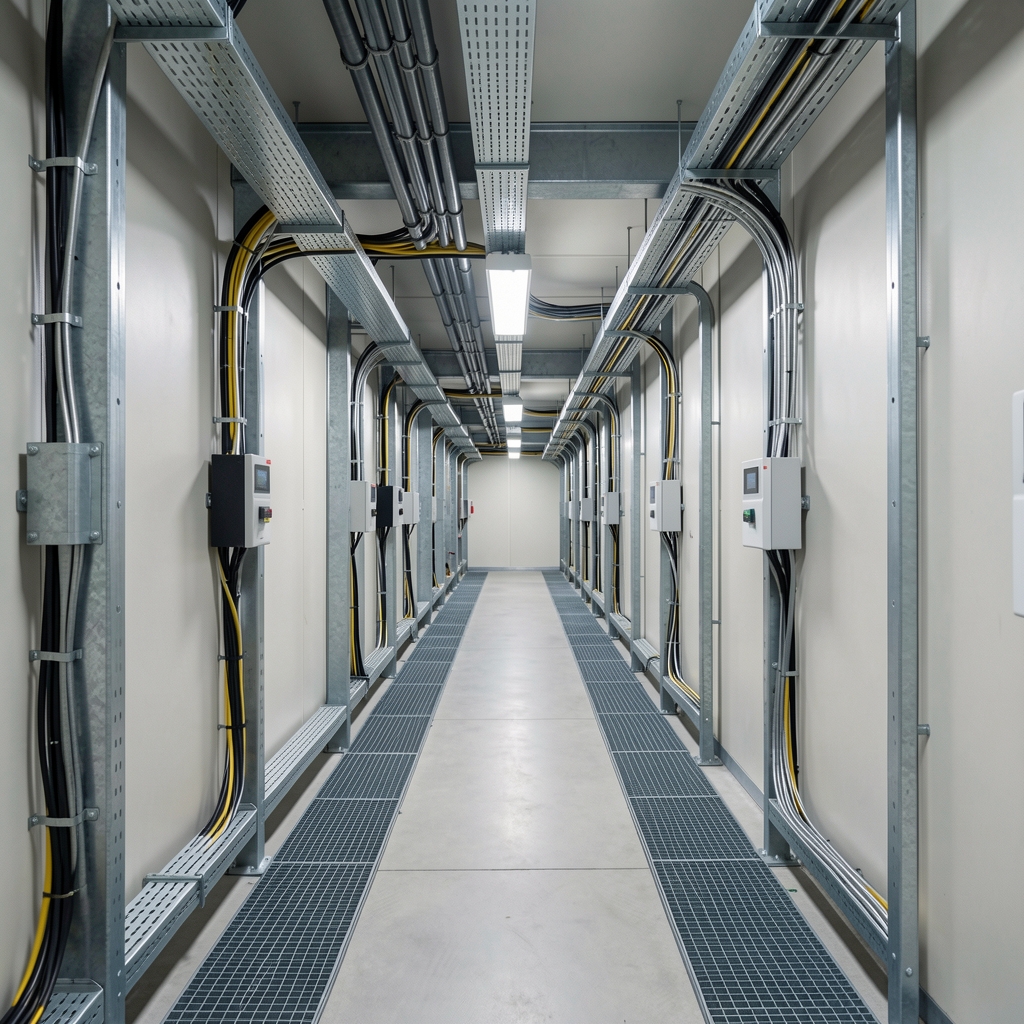 Industrial air cooling corridor with temperature sensors and orderly cable trays