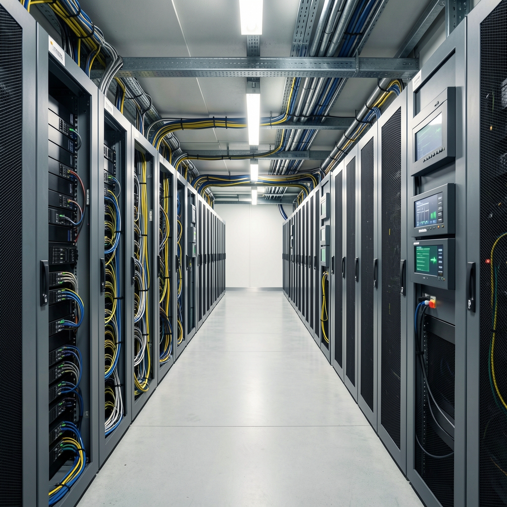 Modern data facility cooling aisle with organized cabling and energy monitoring panels