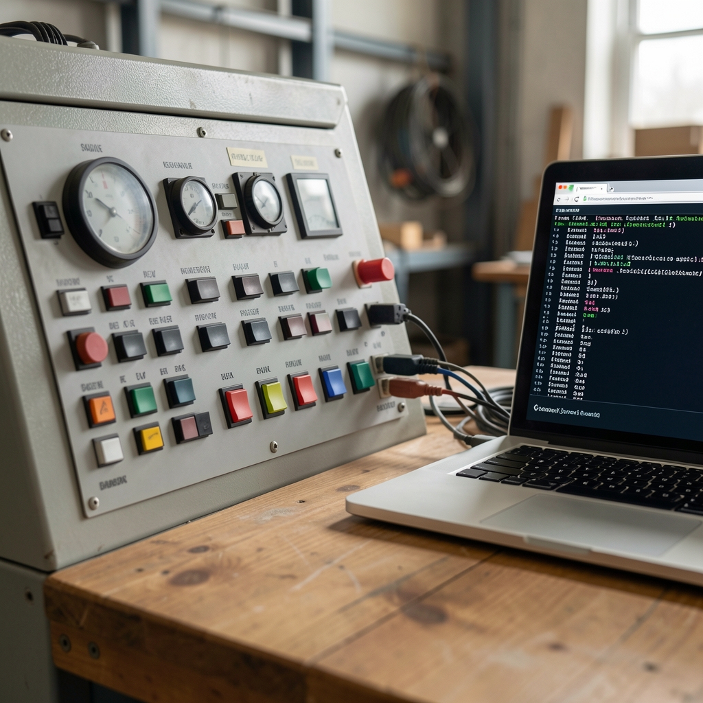Close view of a mining control board connected to a laptop displaying firmware logs