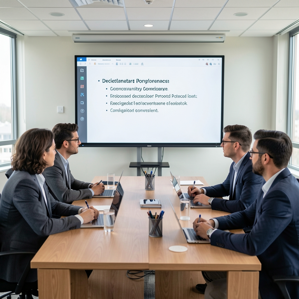 Community governance meeting reviewing a decentralized protocol proposal on a large screen