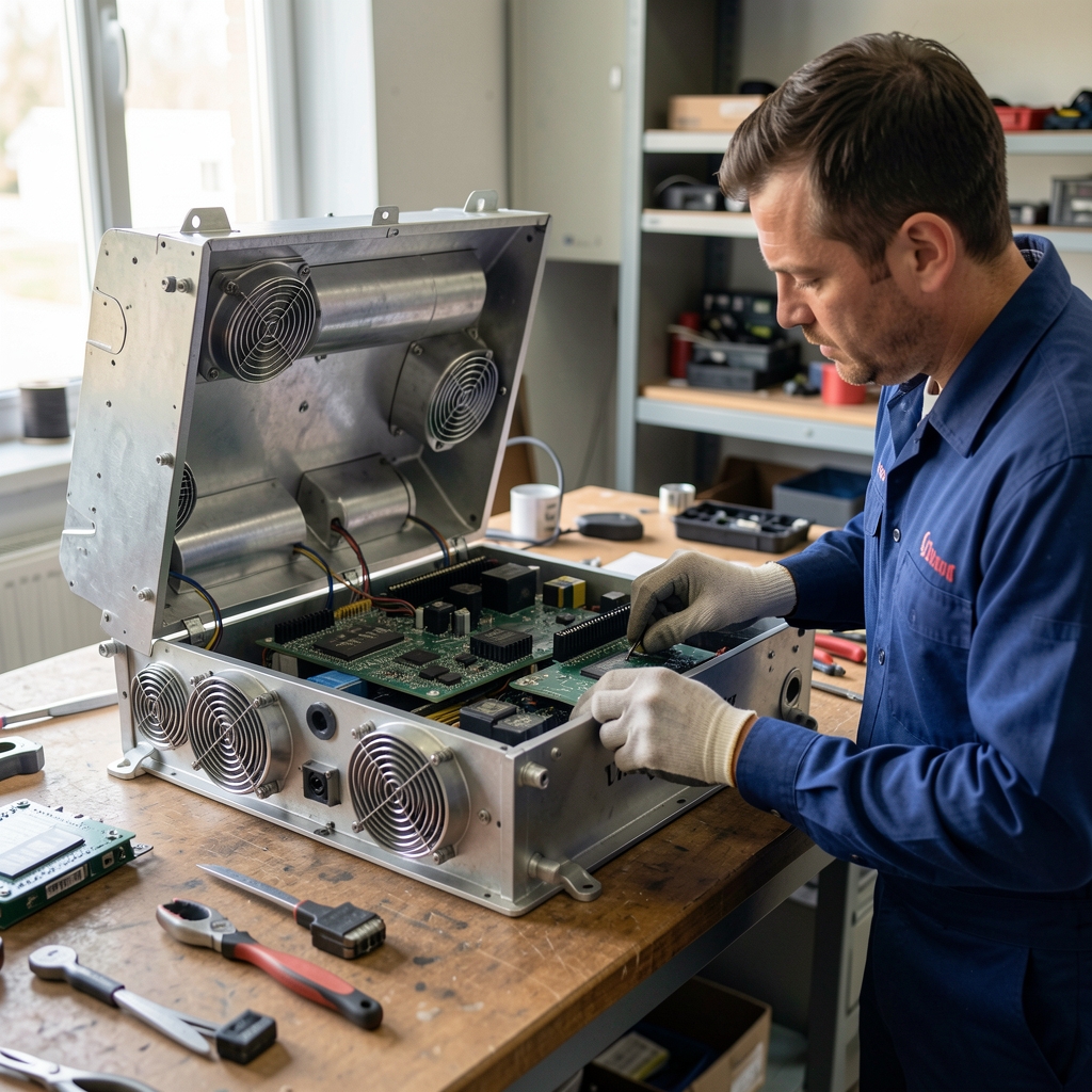 Technician examining an open mining chassis with circuit boards and cooling ducts on a workbench