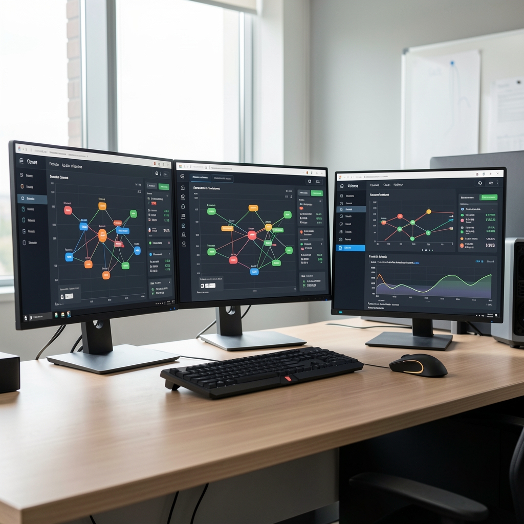Network operations desk displaying synchronized node health dashboards and connection status