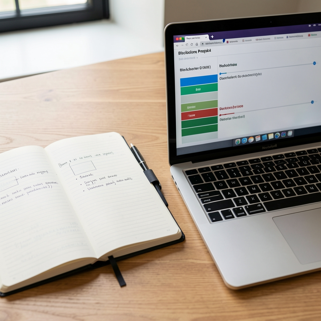 Open research notebook beside a laptop showing a blockchain governance proposal timeline