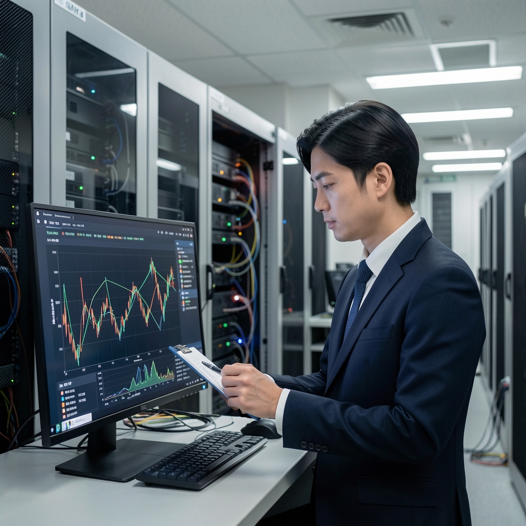 Analyst studying energy and network charts beside a quiet server room in Seoul