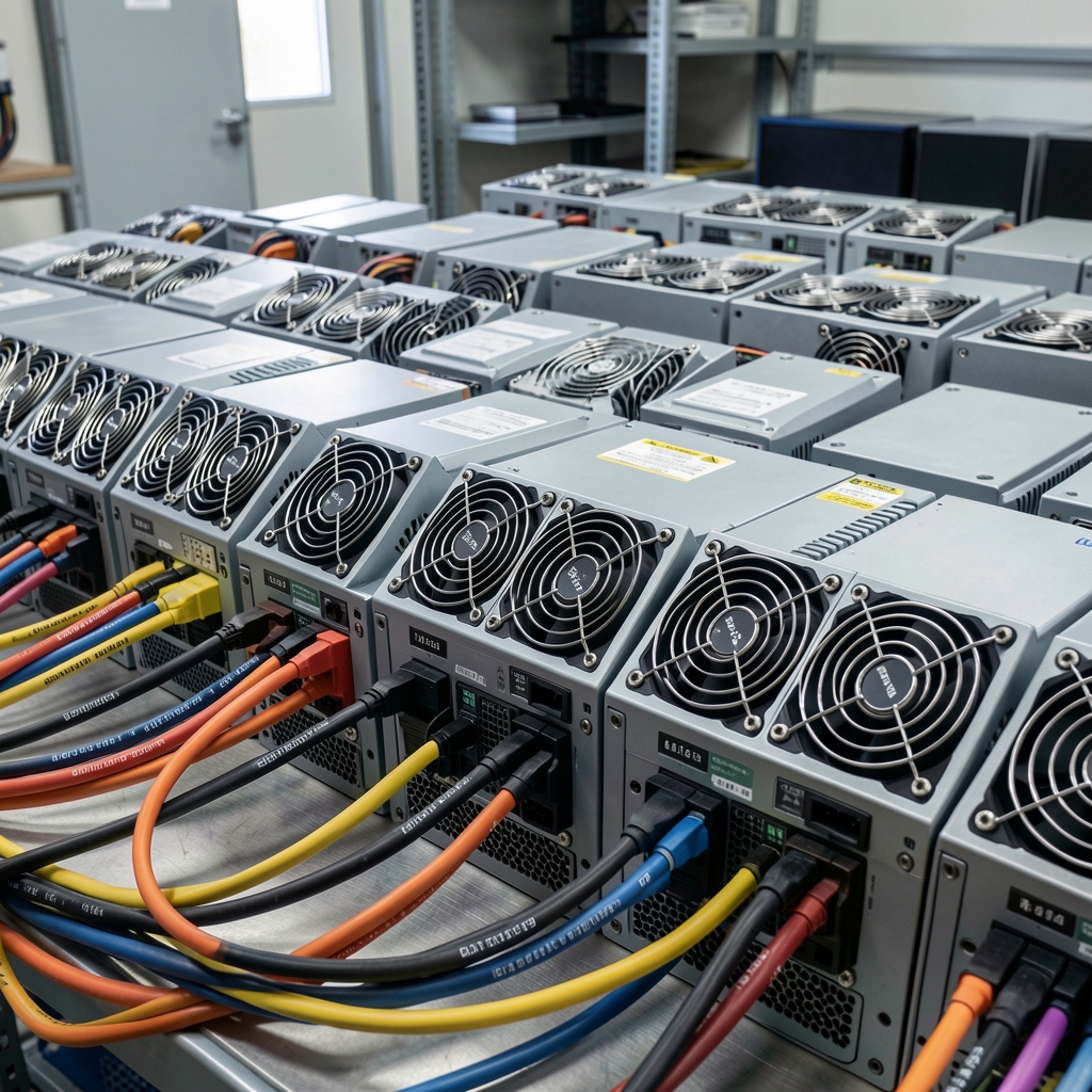 Rows of compact mining computers with labeled power cables and monitored cooling fans