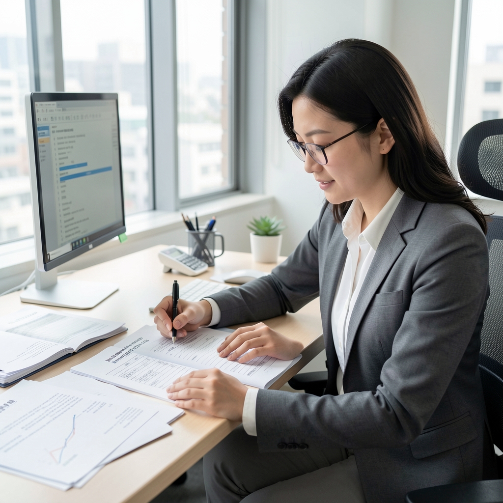Editorial researcher comparing infrastructure specifications and protocol documents on a bright desk in Seoul