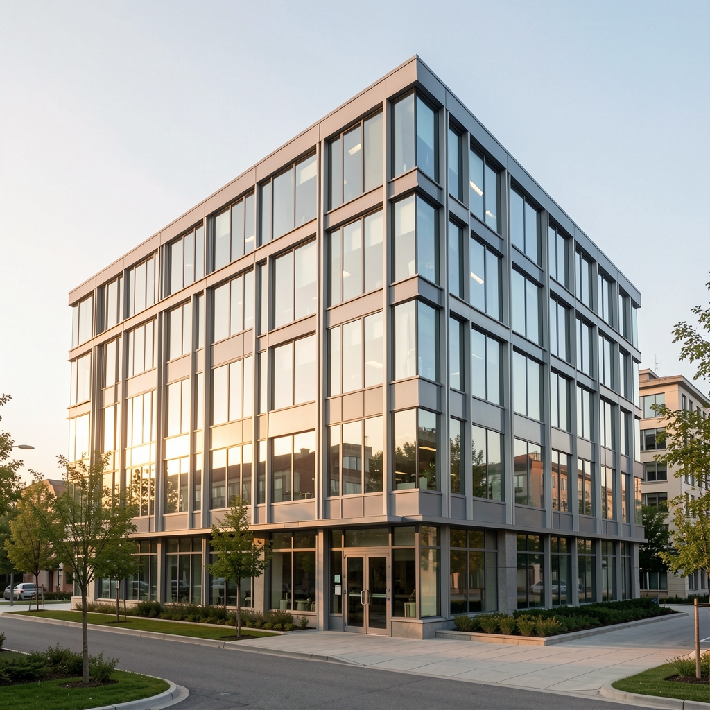 Modern Gangnam office building exterior in soft morning light