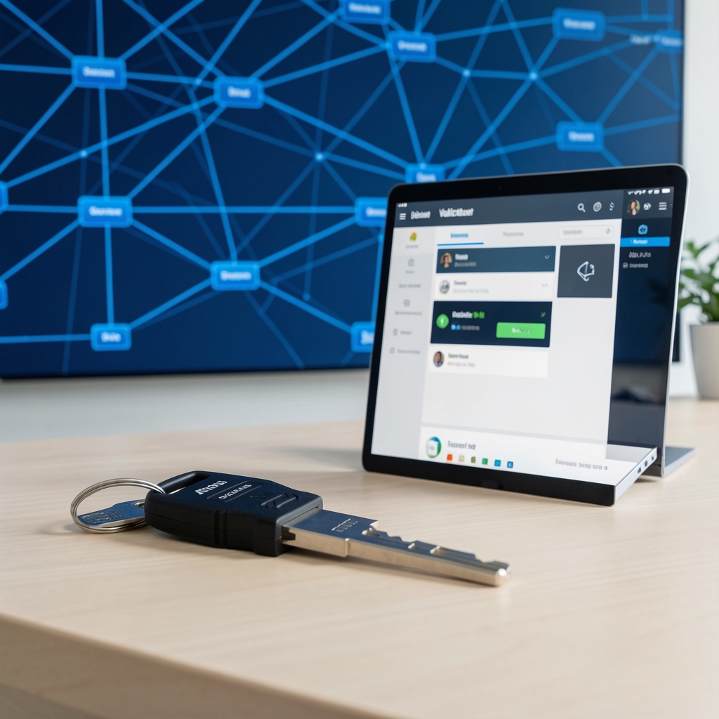 Secure hardware key and validator dashboard on a clean desk with blue network diagrams in the background