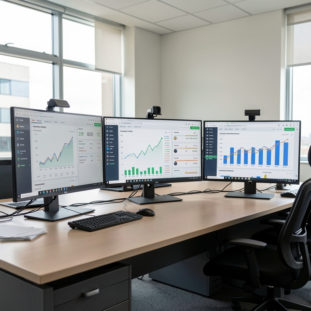 Secure operations room displaying validator status dashboards on multiple monitors