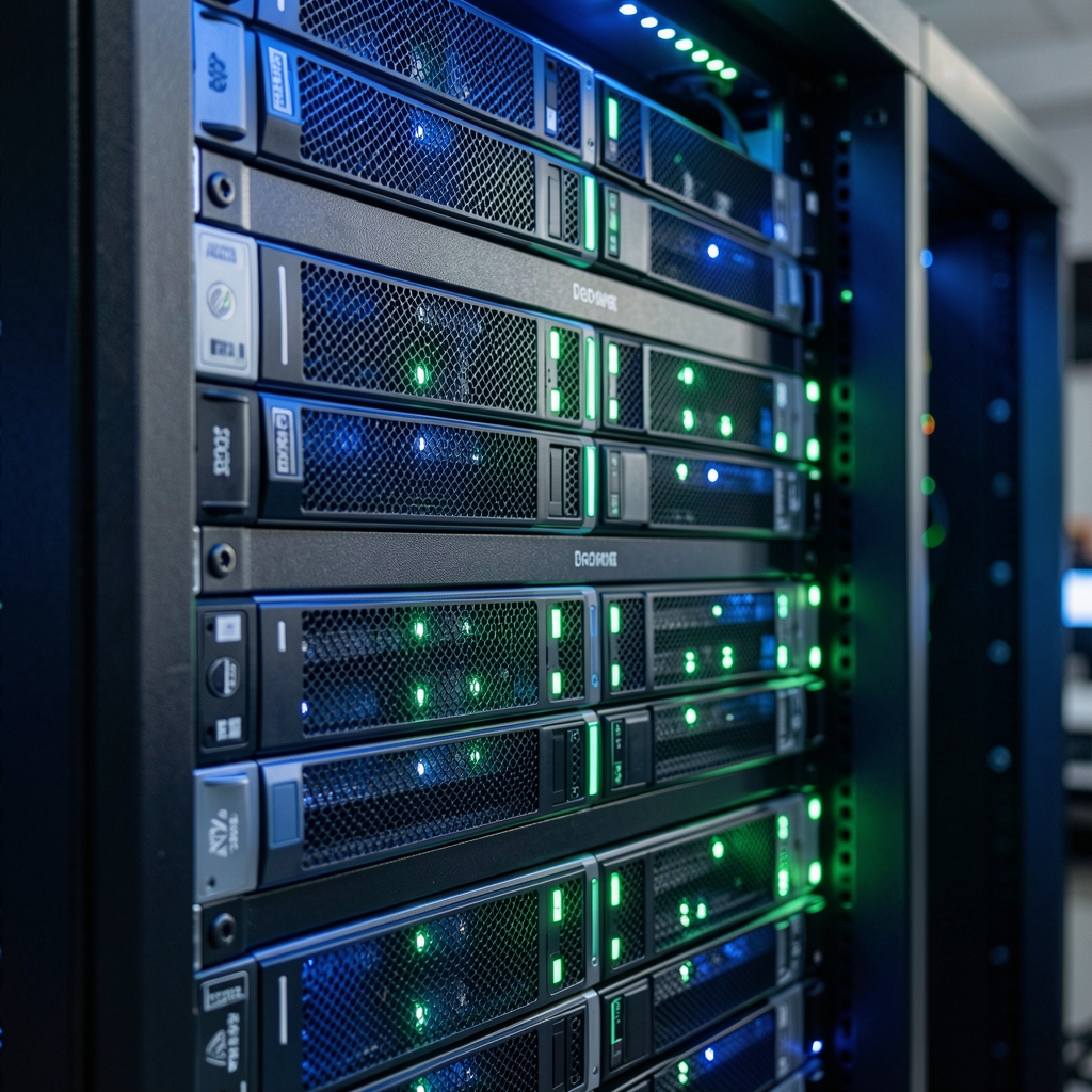 Close-up of a high-performance server rack illuminated by cool blue and green lights, symbolizing advanced cryptocurrency mining operations and data processing.